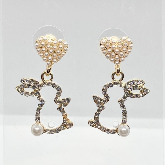 New with Defect Pearl and Rhinestone Dangle Easter Bunny Rabbit Earring Pair - Picture 1 of 10